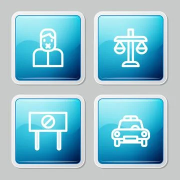 Set line Censor and freedom of speech, Scales justice, Protest and Police car Stock Illustration
