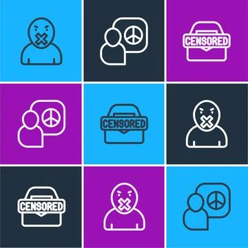 Set line Censor and freedom of speech, Censored stamp and Peace talks icon Stock Illustration
