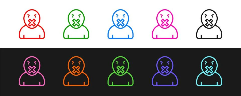 Set line Censor and freedom of speech concept icon isolated on black and white イラスト素材