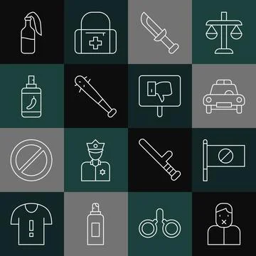 Set line Censor and freedom of speech, Protest, Police car flasher, Military Stock Illustration