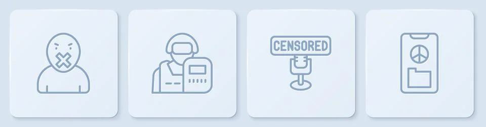 Set line Censor and freedom of speech, Censored stamp, Police officer and Peace Stock Illustration