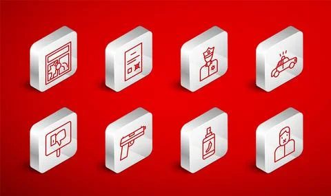 Set line Censor and freedom of speech, Poll document, Police officer, car Ilustración de archivo