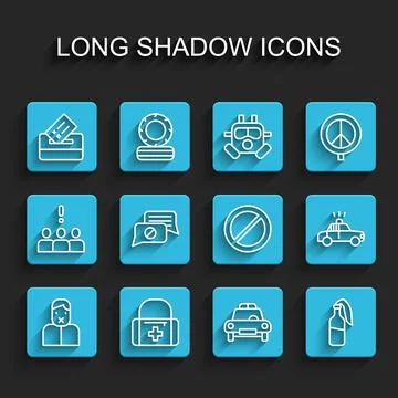 Set line Censor and freedom of speech, First aid kit, Vote box, Police car Stock Illustration