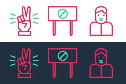 Set line Censor and freedom of speech, Hand showing two finger and Protest icon Stock Illustration