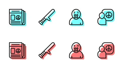Set line Censor and freedom of speech, News, Police rubber baton and Peace .. Illustrazione stock