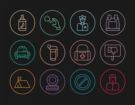 Set line Censor and freedom of speech, Protest, Police officer, Hand grenad.. Stock Illustration