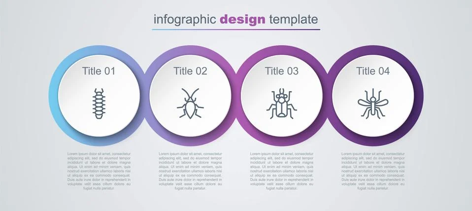Set line Centipede, Cockroach, Beetle bug and Mosquito. Business infographic Illustrazione stock