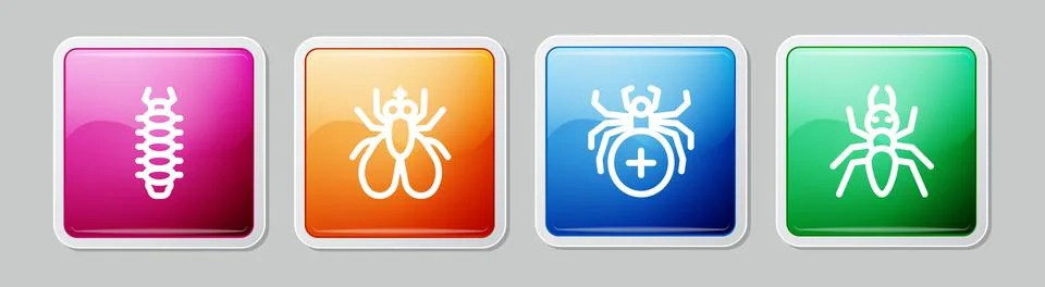 Set line Centipede, Insect fly, Spider and Ant. Colorful square button. Vector Stock Illustration