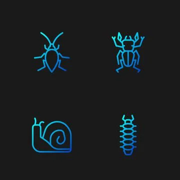 Set line Centipede, Snail, Cockroach and Beetle deer. Gradient color icons Illustrazione stock