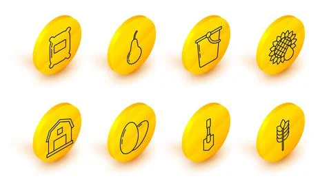 Set line Cereals with rice, wheat, corn, oats, rye, Shovel, Chicken egg, Farm Illustration