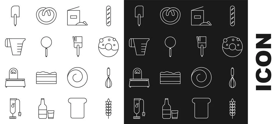 Set line Cereals with rice, wheat, corn, oats, rye, Kitchen whisk, Donut sw.. Illustrazione stock