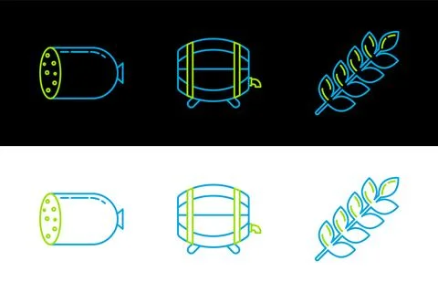Set line Cereals set with rice, wheat, corn, oats, rye, barley, Salami sausage Stock Illustration