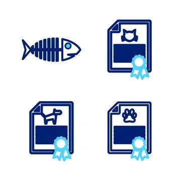 Set line Certificate for dog or cat,  and Fish skeleton icon. Vector Stockillustratie