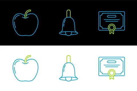 Set line Certificate template, Apple and Ringing bell icon. Vector Stock Illustration