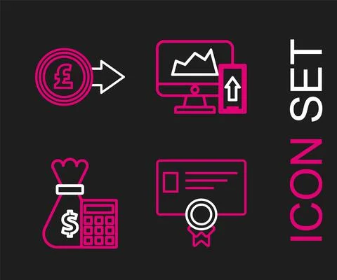 Set line Certificate template, Calculator with money bag, Financial chart graph 스톡 일러스트