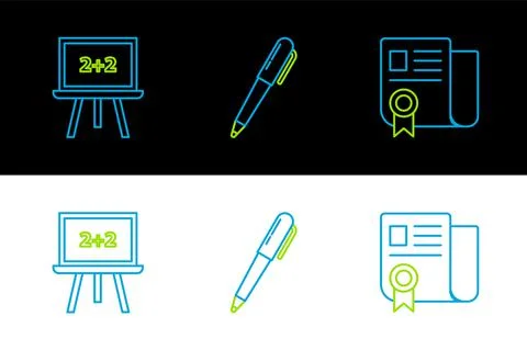 Set line Certificate template, Chalkboard and Pen icon. Vector Illustrazione stock