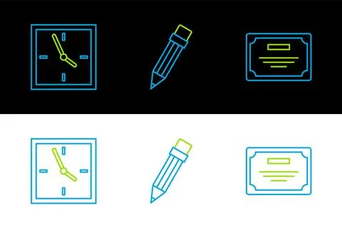 Set line Certificate template, Clock and Pencil with eraser icon. Vector Stock Illustration