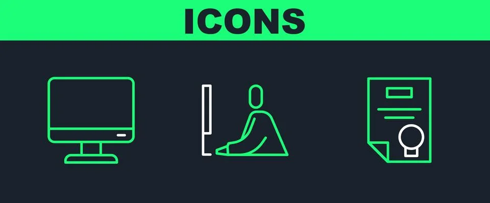 Set line Certificate template Computer monitor screen and Student working lap Stock Illustration