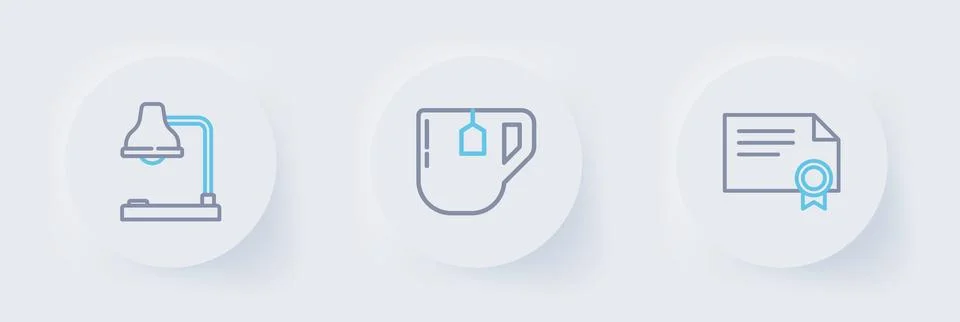 Set line Certificate template, Cup of tea with tea bag and Table lamp icon... Stock Illustration