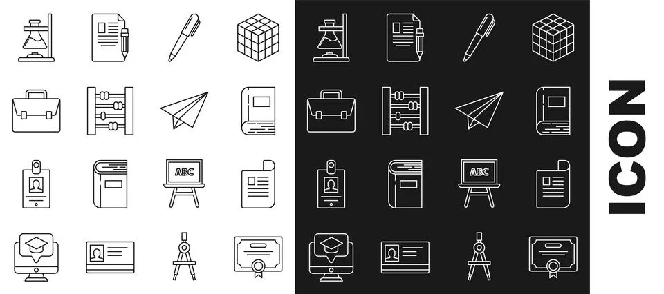 Set line Certificate template, Document, Book, Pen, Abacus, Briefcase, Glas.. Stock Illustration