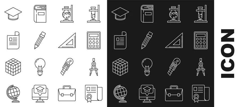 Set line Certificate template, Drawing compass, Calculator, Glass test tube 스톡 일러스트