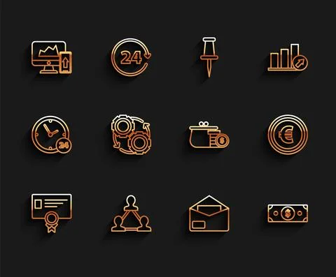 Set line Certificate template, Envelope, Stacks paper money cash, Gear arrows Illustrazione stock