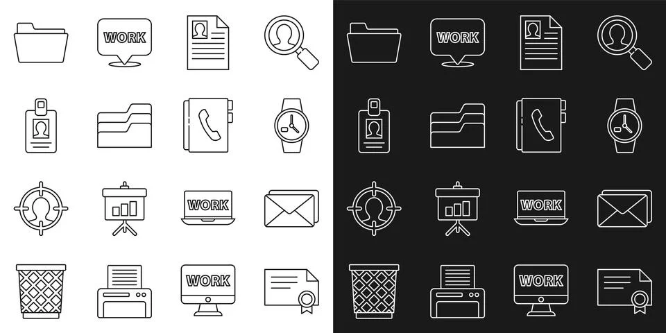 Set line Certificate template, Envelope, Wrist watch, Resume, Document folder 스톡 일러스트