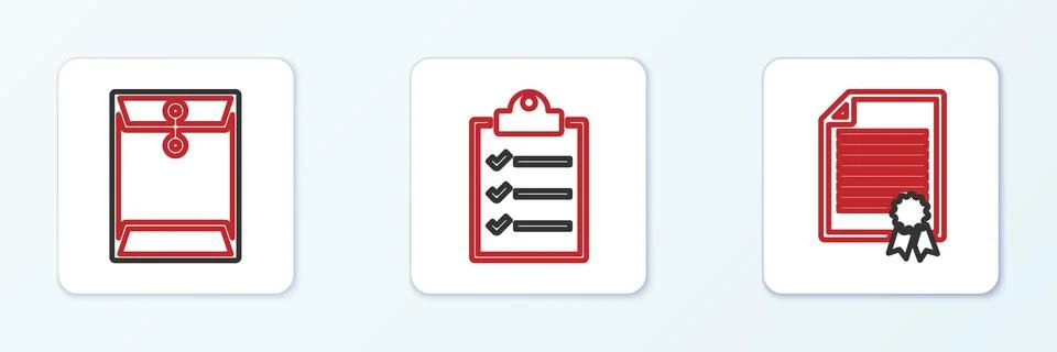 Set line Certificate template, Envelope and Clipboard with checklist icon. .. Illustrazione stock