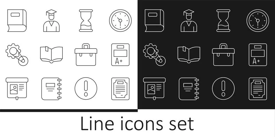 Set line Certificate template, Exam sheet with A plus grade, Old hourglass,.. Stock-Illustration