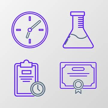 Set line Certificate template, Exam sheet with clock, Test tube and flask c.. Illustrazione stock