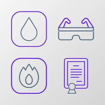 Set line Certificate template, Fire flame, Safety goggle glasses and Water .. Stock Illustration
