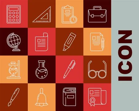 Set line Certificate template, Glasses, Exam sheet and pencil with eraser, clock 스톡 일러스트