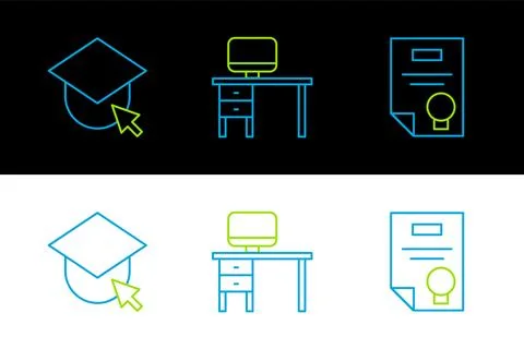 Set line Certificate template, Graduation cap on globe and Computer monitor and 스톡 일러스트