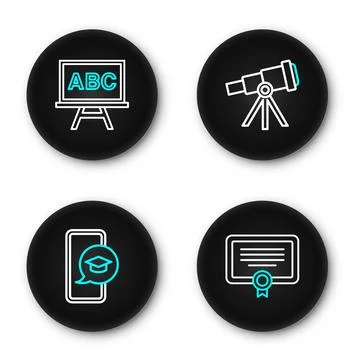 Set line Certificate template, Graduation cap on mobile, Telescope and Chal.. Stock Illustration