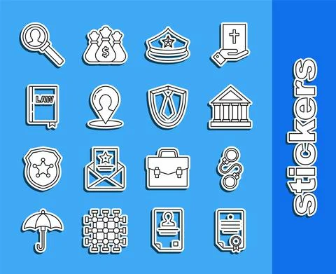 Set line Certificate template, Handcuffs, Courthouse building, Police cap with Ilustración de archivo