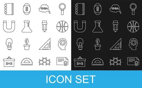 Set line Certificate template, Head with gear inside, Basketball ball, Idea Illustrazione stock
