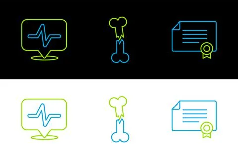 Set line Certificate template, Heart rate and Human broken bone icon. Vector Stock Illustration