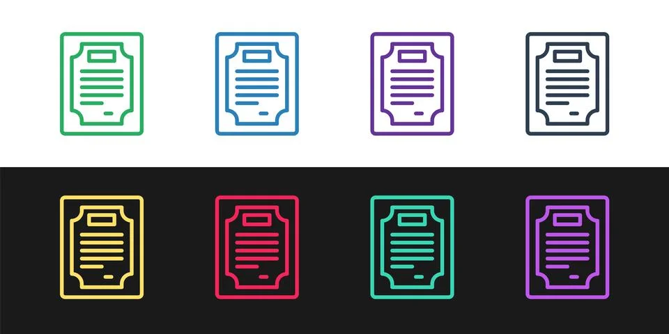 Set line Certificate template icon isolated on black and white background. .. Stock Illustration