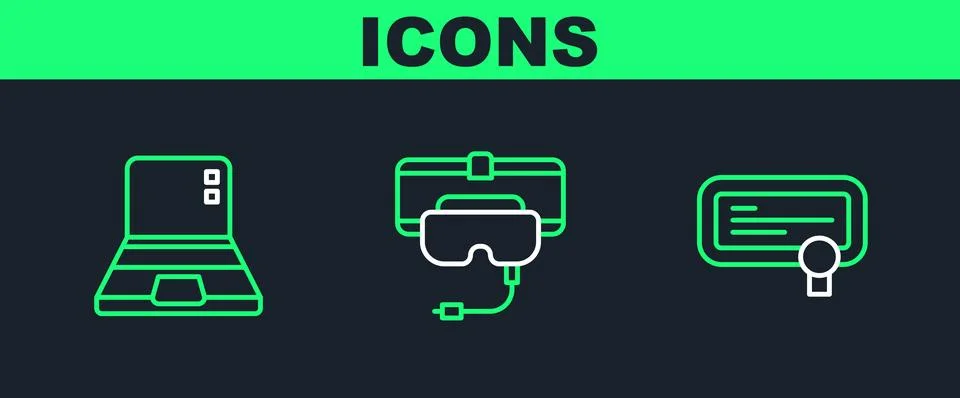 Set line Certificate template, Laptop and Virtual reality glasses icon. Vecto Stock Illustration