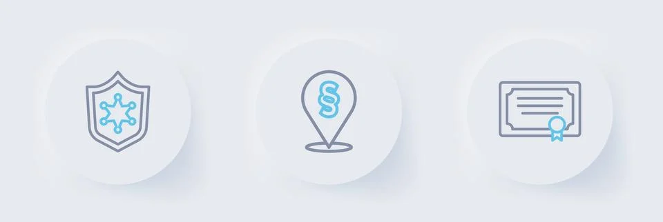 Set line Certificate template, Location law and Police badge icon. Vector Stock Illustration