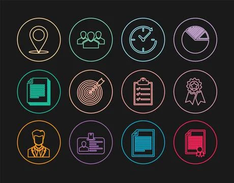 Set line Certificate template, Medal with star, Clock arrow, Target, Docume.. イラスト素材