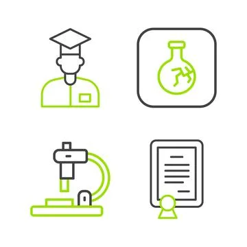 Set line Certificate template, Microscope, Cracked flask and Laboratory ass.. 스톡 일러스트