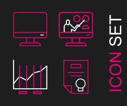 Set line Certificate template, Pie chart infographic, Online education and .. Stock Illustration