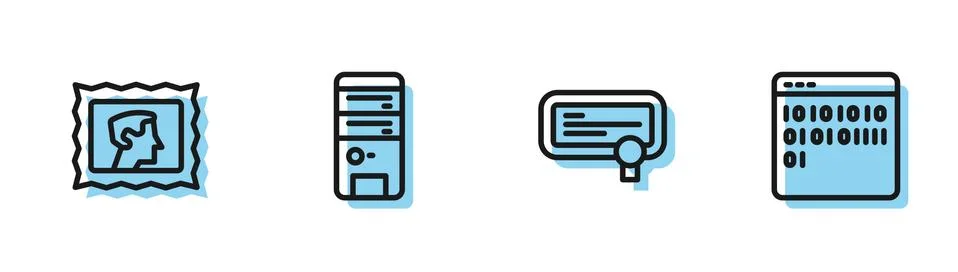 Set line Certificate template, Postal stamp, Computer and Binary code icon Stock Illustration