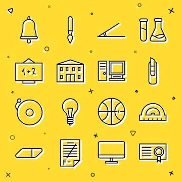 Set line Certificate template, Protractor, Stationery knife, Acute angle, School Illustrazione stock