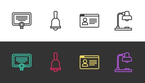 Set line Certificate template, Ringing bell, Online class and Table lamp on Stock Illustration