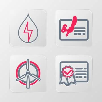 Set line Certificate template, Rotating wind turbine, Signed document and W.. Stock Illustration