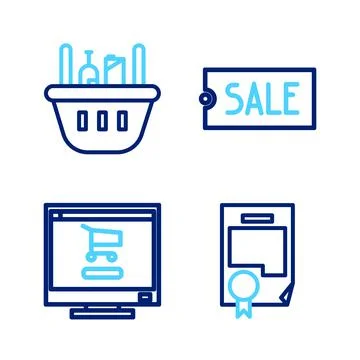Set line Certificate template, Shopping cart on computer, Price tag with text Illustrazione stock