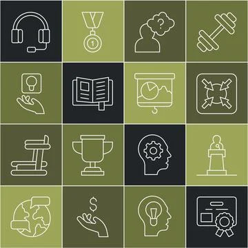 Set line Certificate template, Speaker, Target, Head with question mark, Read Stock Illustration
