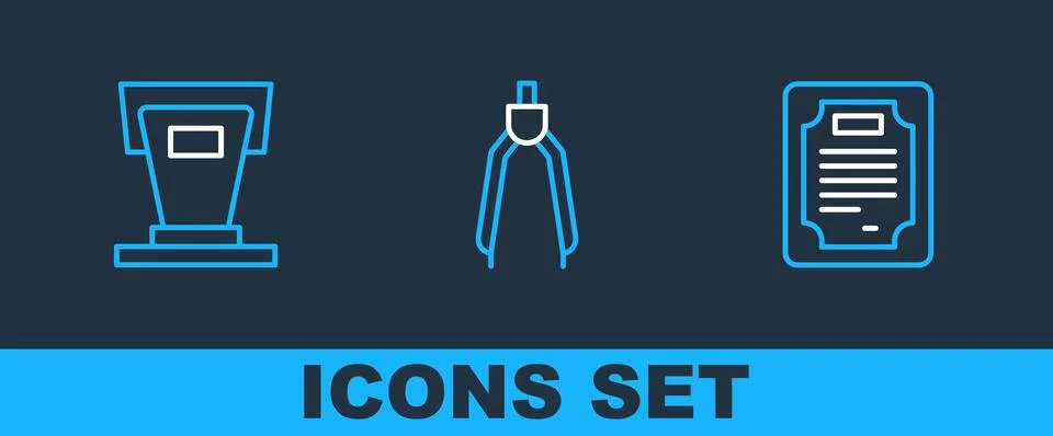Set line Certificate template, Stage stand and Drawing compass icon. Vector Stock Illustration